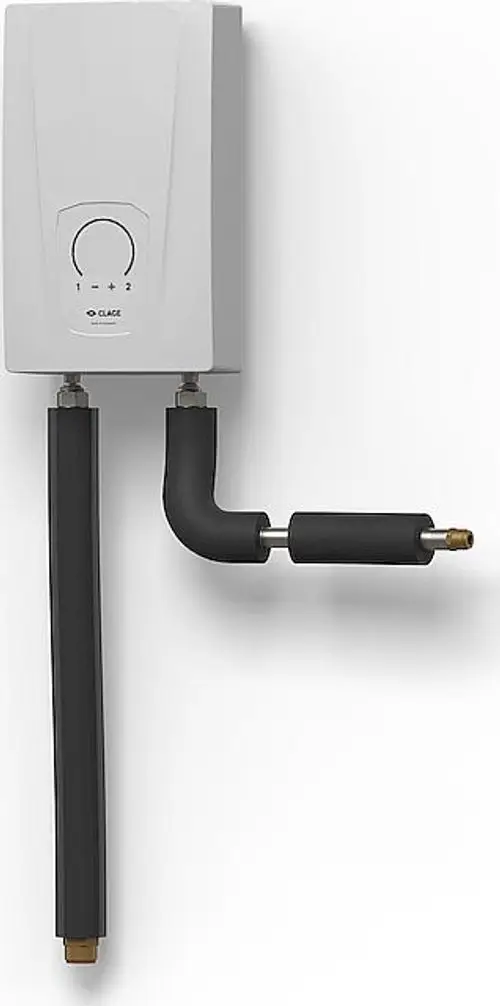 E-Modul in Grau mit einem Drehregler und zwei Anschlussleitungen, angebracht an einer Wand, hergestellt von Wolf.